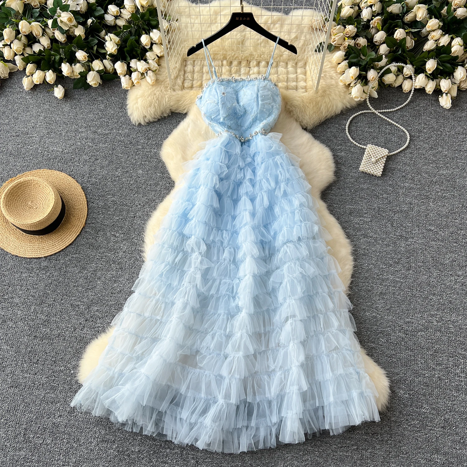 Elegant Sexy rhinestone mesh embroidery slip sweet Dress Summer Beach Vacation Vestidos Slim Women dresses