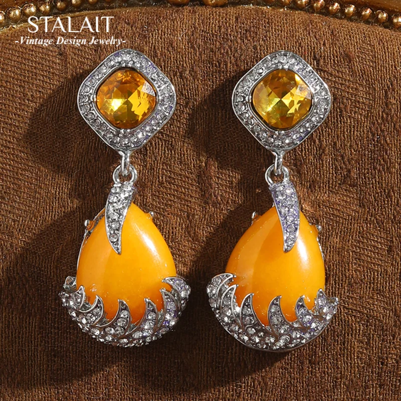 

Vintage Yellow Natural Stone Drop Earrings Square Crystal Rhinestones Pendant High Quality Luxury Dubai Jewelry Anniversary 2026