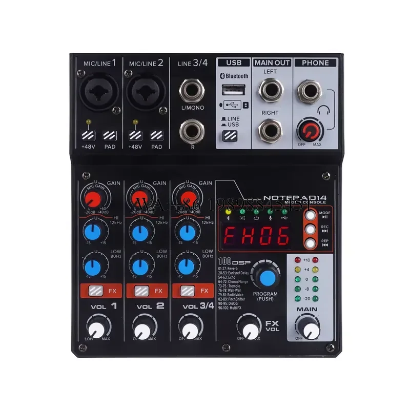 WMWMNU Small 4-Channel Professional Audio Mixer 100DSP Digital Effects Dj Controller/audio Console Mixer for Karaoke