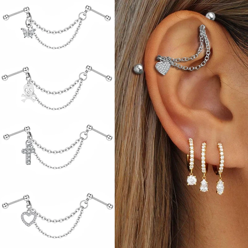 1pc Chain Earrings Stainless Steel Simple Fashion Industrial Piercing Love Heart Cartilage Helix Barbell Jewelry for Women Gifts
