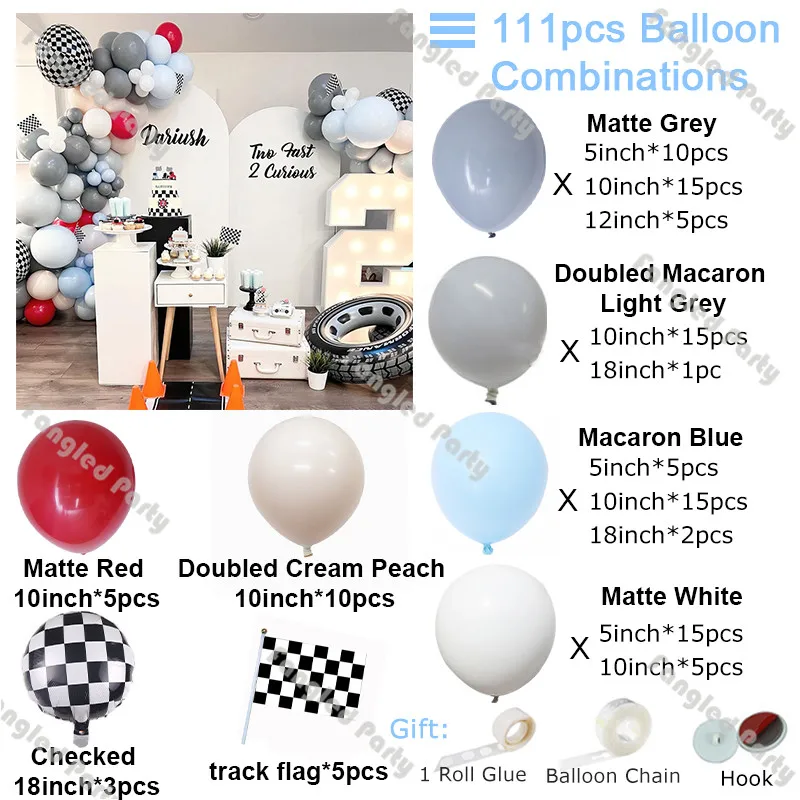 111pcs Racing Car Theme Two Fast Decorations Doubled Cream Peach Matte Grey Red Checked Balloon Garland Birthday Party Supplies