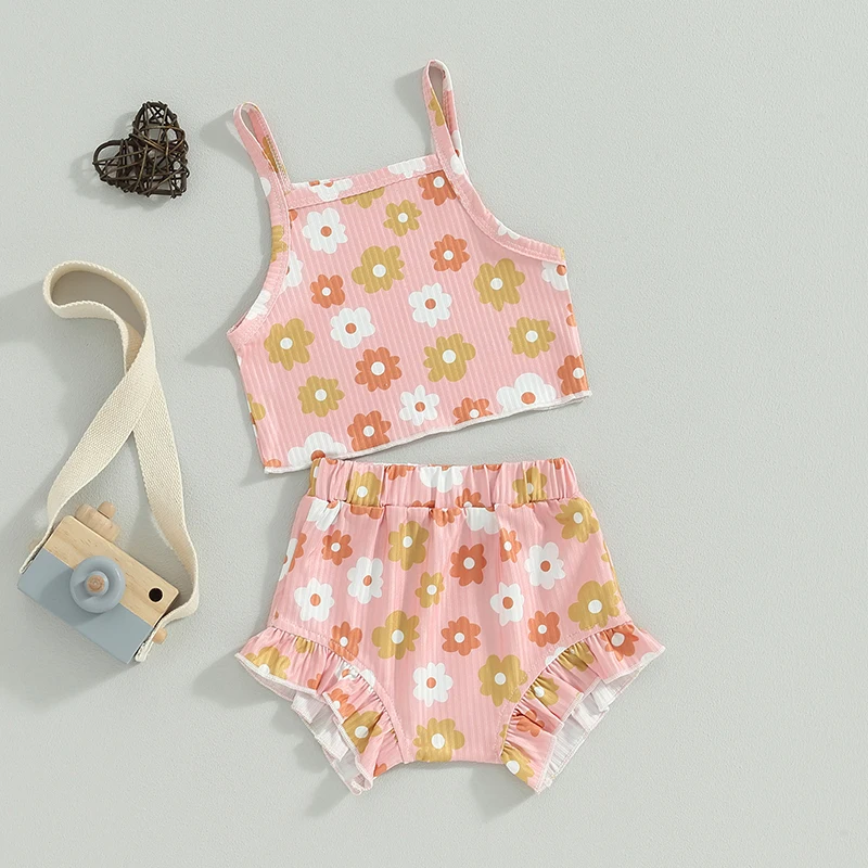 

Toddler Newborn Girl Swimsuit Ribbed Floral Print Sleeveless Tank Tops Bloomers Shorts Two Piece Bathing Suit