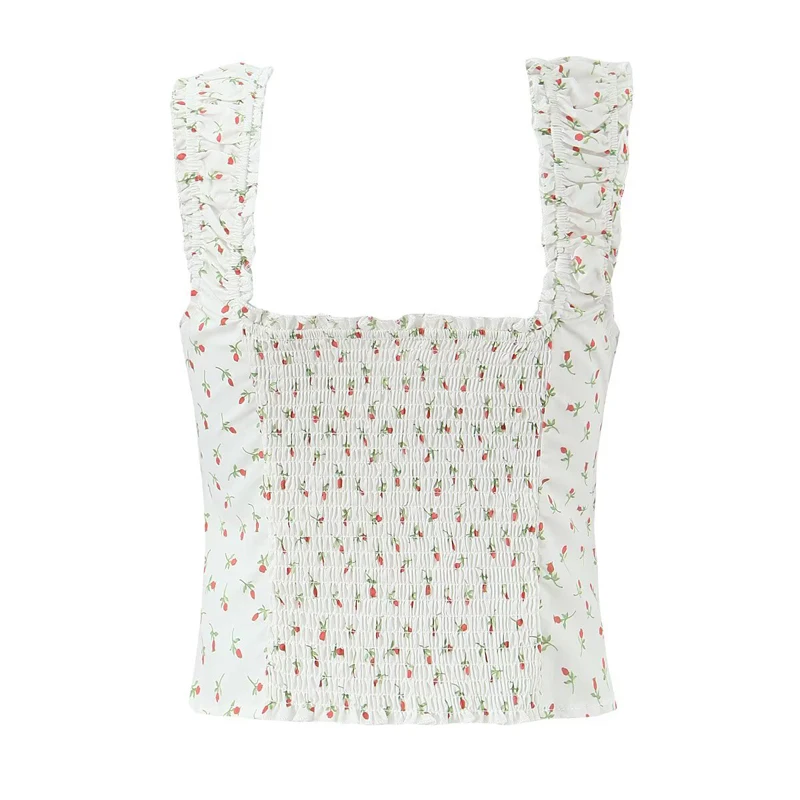 French Style Sweet Floral Print Summer Tank Top For Pretty Girl 2026 Vacation Slim Crop Top