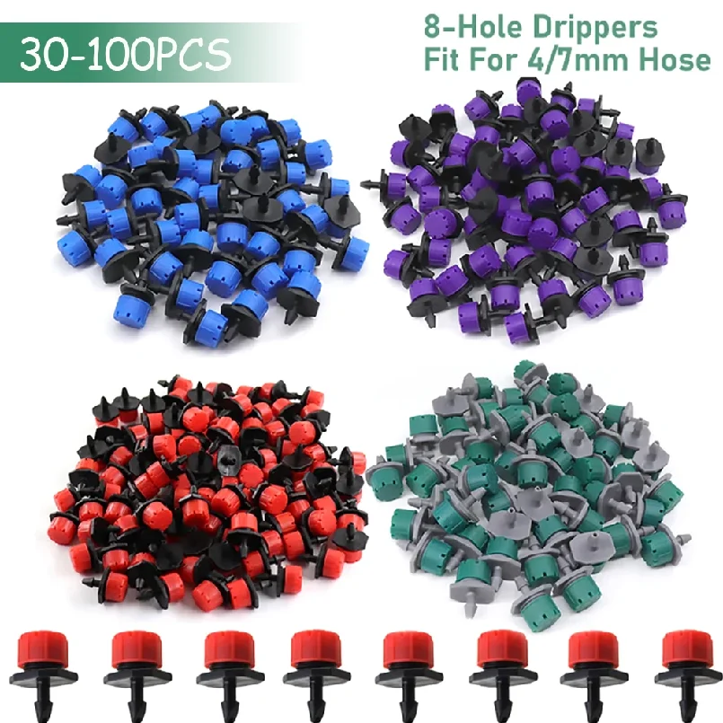 100PCS Adjustable Dripper for 4/7mm Garden Irrigation Hose Watering Sprinkler Emitter 0-80L/H for Yard Greenhouse