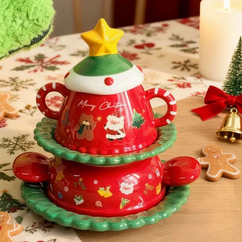 Christmas Mug Cup Gift Box Ceramic Bowl Plate Lovely Tree Shaped Santa Claus Painted Mug for Milk Coffee Navidad New Year Gifts