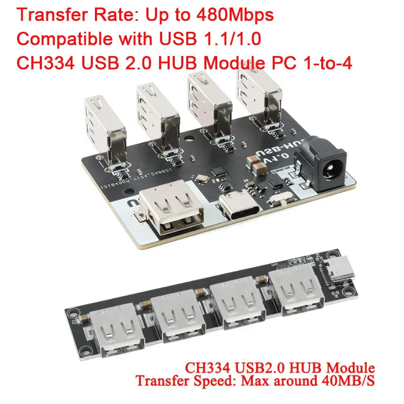 5Pcs/1pc USB Conector CH334 Hub Module 4 Interface USB2.0 Hub Chip 40MB/S 5V XL-USBHUB USB-A TYPE-C DC5.5*2.1 Interface