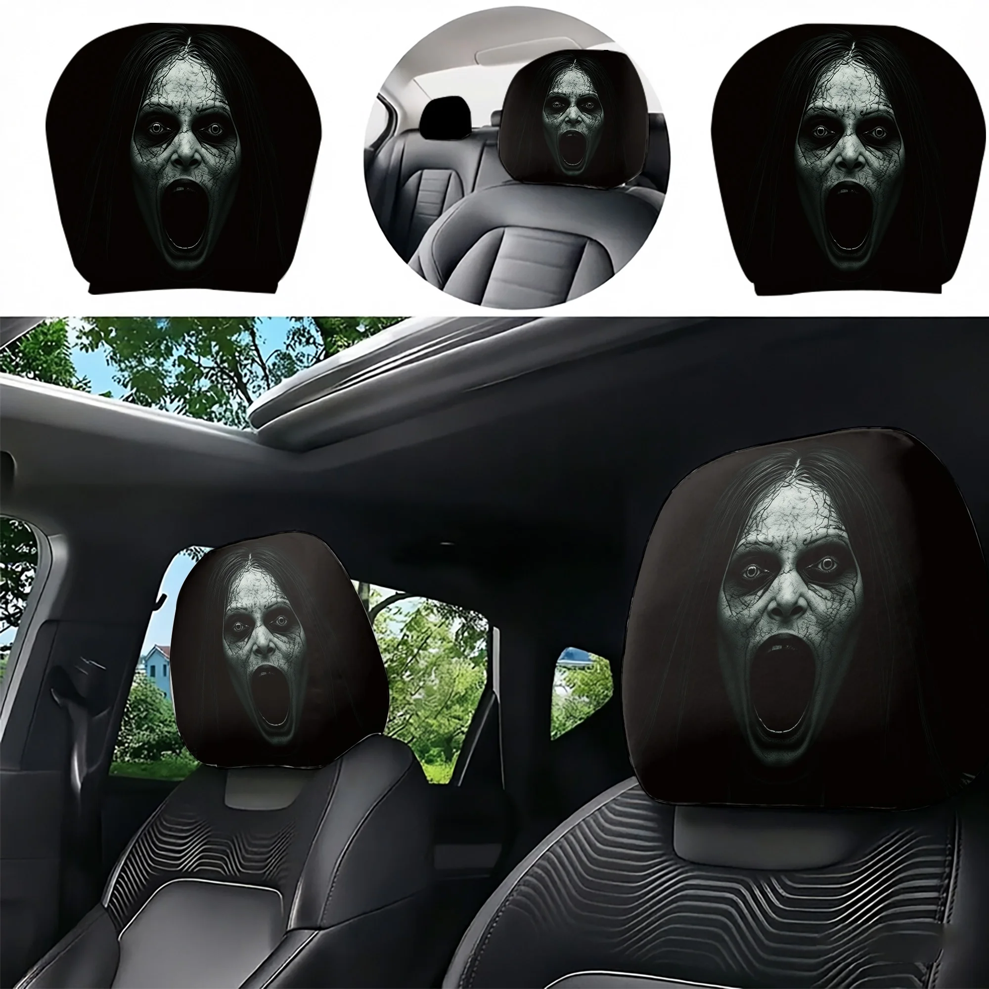 2pcs Set of Horror-Themed Car Headrest Covers, Featuring a Spooky Screaming Design to Add an Eerie Atmosphere to Your Car’s Inte