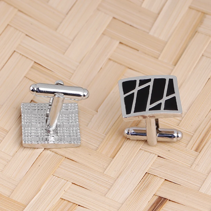 أزرار أكمام رجالي بتصميم شبكي مخطط باللون الأسود المضحك وزر أكمام على شكل مربع #3