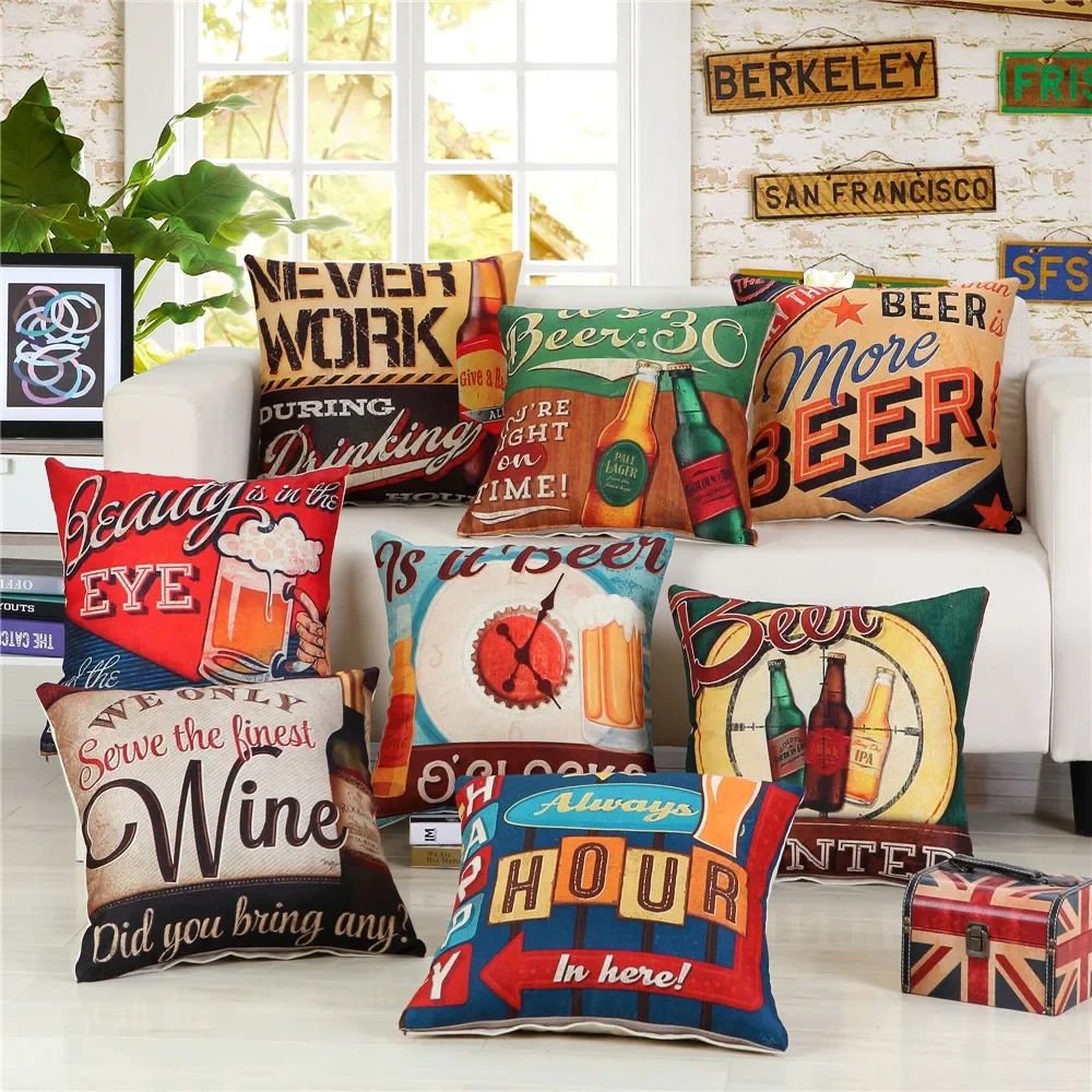

45x45cm Vintage Beer Printed Cushion Cover Bar Coffee Shop Wine Party Sofa Chair Decor Cotton Linen Pillow Case