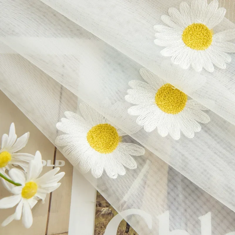 Cortinas de tul bordadas con margaritas Vintage de campo, patrón de flores y plantas, cortinas de ventana de granja de gasa para sala de estar y