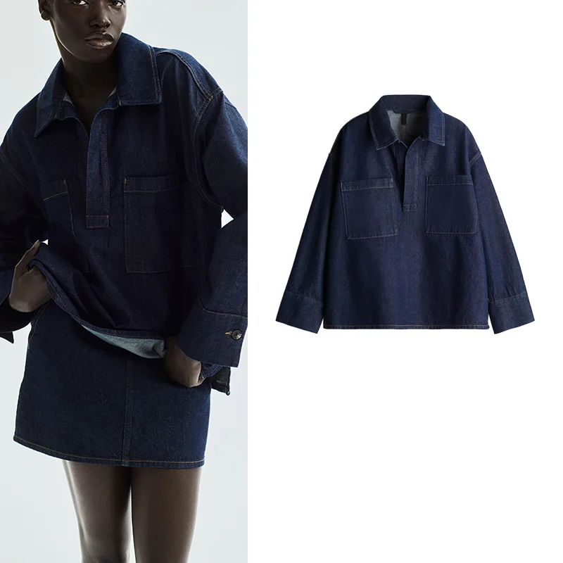 

Spring Summer Women's V-Ne Long Sve Straight Cut Hem Oversized T-irt Sle Denim irt Casual Comfortable Polyester Fiber