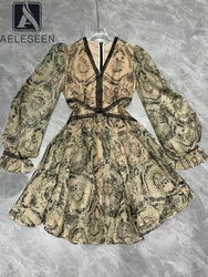 AELESEEN Vintage Mini Party Dress Women Spring Autumn Lantern Sleeve V-Neck Ethnic Flower Print High Waist Elegant Casual