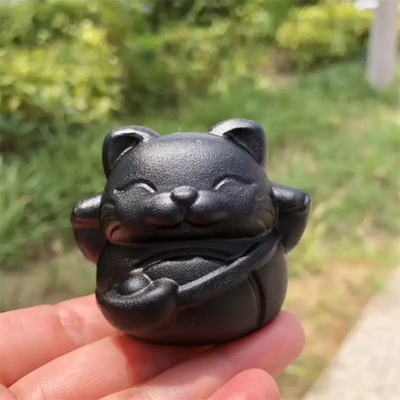 

Natural Black Obsidian Maneki-neko Carving Animal Fashion Healing Energy Stone Home Decoration DIY Christmas Gift 1pcs
