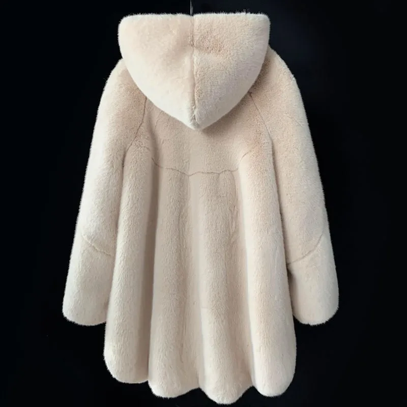 New Tian warm fleece mother leather coat mid-length with hat and mixed fur for women