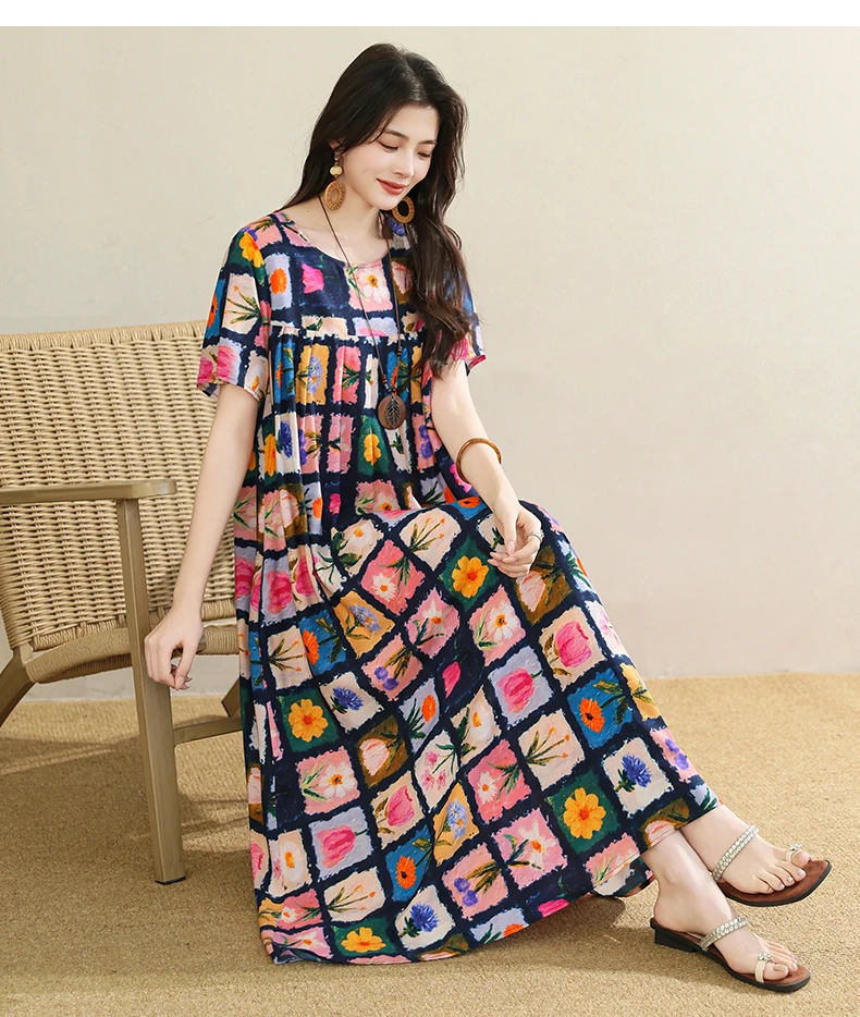 New 2025 Summer Dress For Women Plus Size Dress Casual Short Sleeve Boho Vintage Print Long Maxi Dress Beach Women Clothing