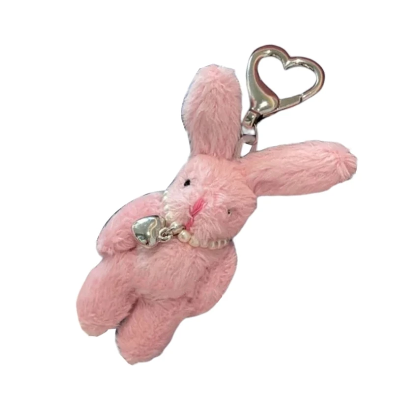 Porte-clés lapin rose en peluche, Mini poupée en peluche, pendentif en forme de cœur d'amour, accessoires pour sac à dos