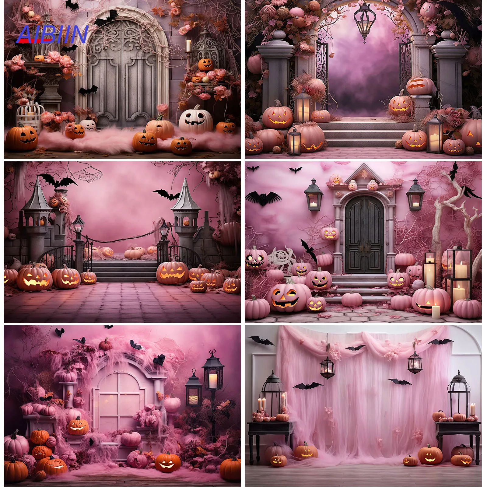 

Pumpkin Lantern Halloween Photography Backdrop Bat Castle Door Pink Girls Birthday Party Decor Happy Halloween Cake Photozone