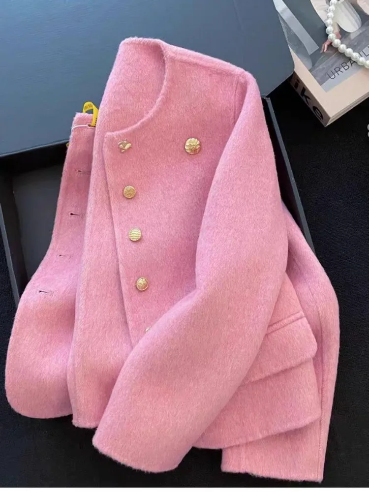 2026 Fashion Double-sided Wool Coat Women's Tweed Short Jacket Autumn Winter O-neck Single-breasted Pink Woolen Casual Overcoat