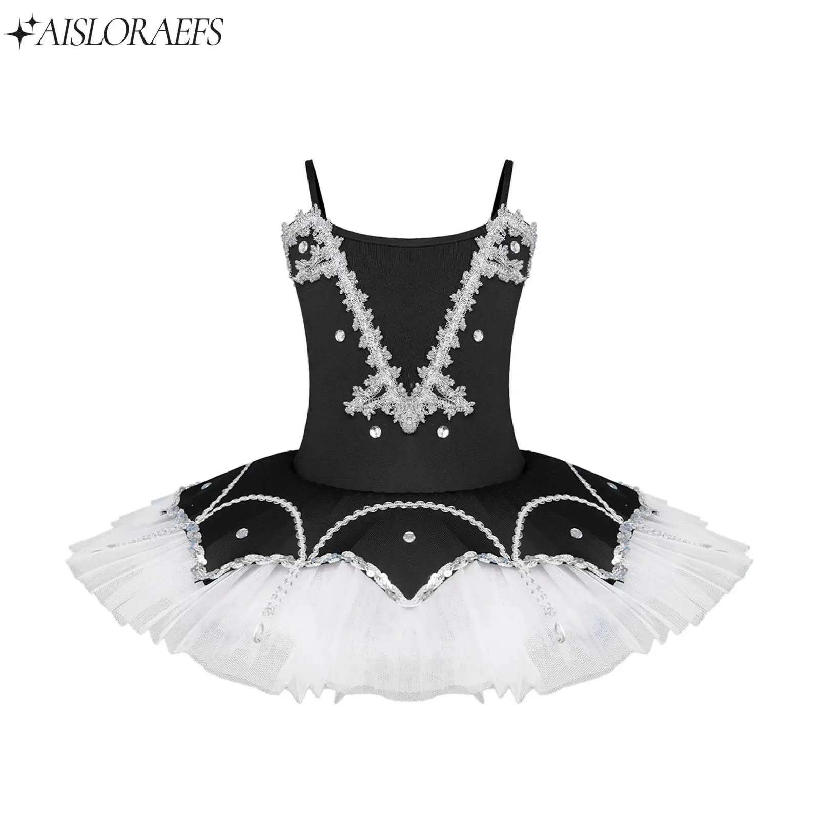 

Kids Girls Ballet Gymnastics Jazz Performance Dance Dress Braid Trim Sleeveless Rhinestone Spaghetti Straps Layered Tutu Costume