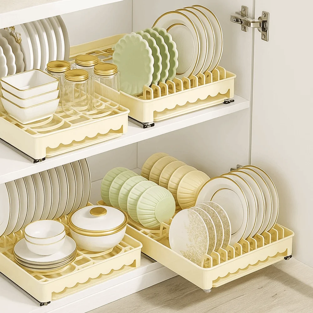 

Practical Plastic Pull Out Dish Rack Punch-free Built-In Slide Out Dish Drying Rack Large Space Saving Bowl Storage Rack Pantry