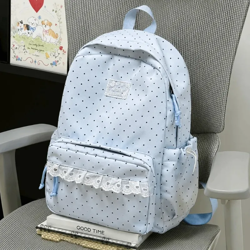 Large Capacity Nylon Student Schoolbag Cute Polka Dot Travel Backpack with Lace Multi-pocket Laptop Daypack