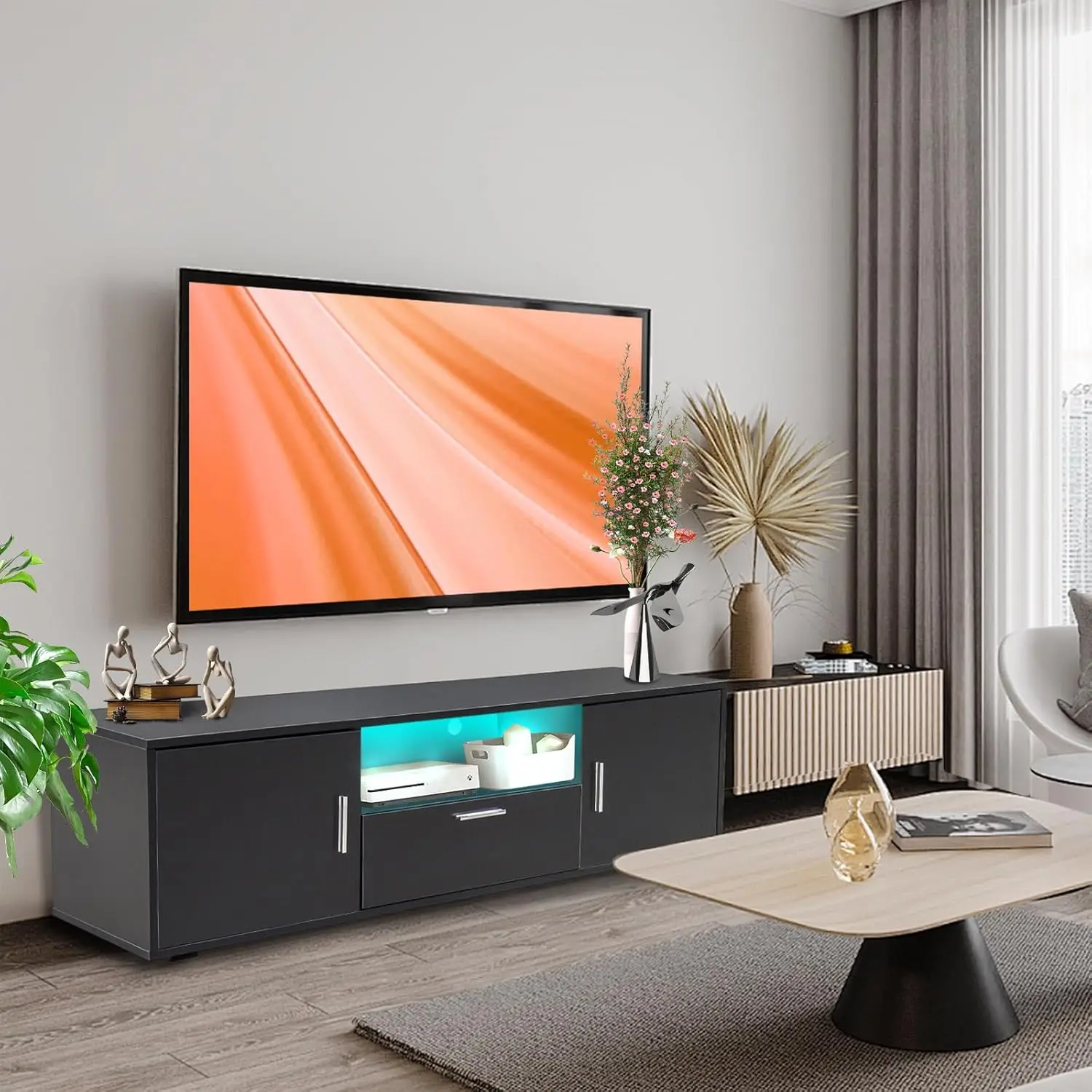 

Черная тумба под телевизор с RGB LED подсветкой, 55 дюймов, консоль с ящиками для хранения, боковые дверцы, алюминиевые ручки, нагрузка до 200 фунтов, возможность индивидуальной настройки