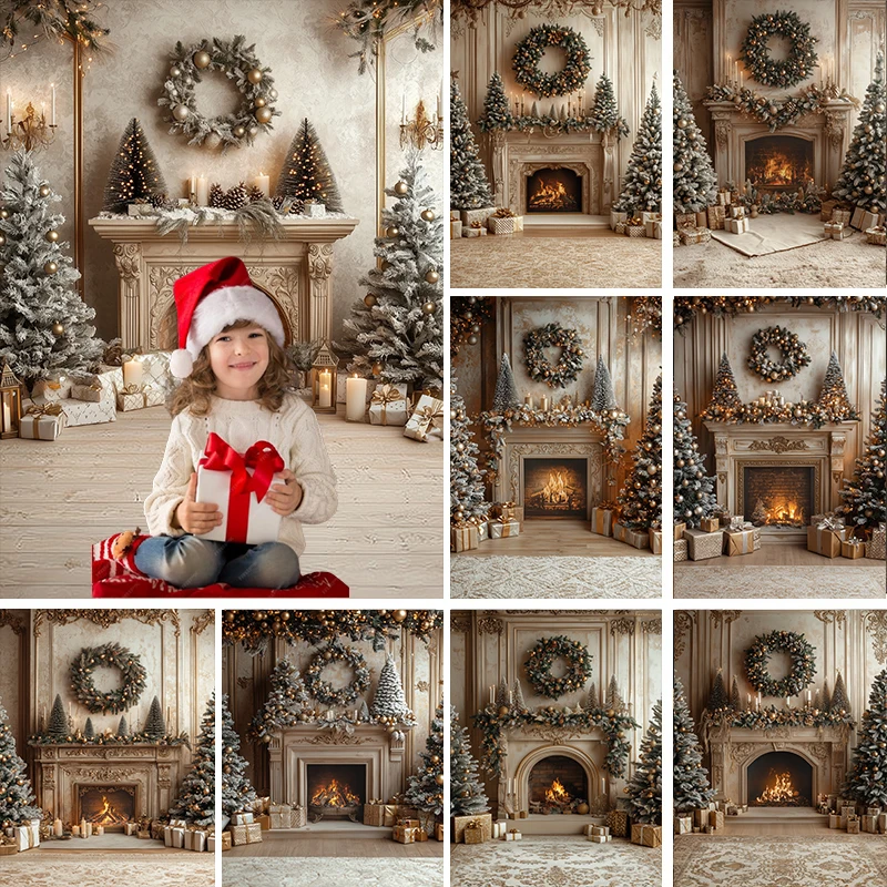 

LS Photography Background Indoor Christmas Fireplace Vintage Wall Gifts Wreaths Decor Kids Adult Portraits Photo Backdrop Studio