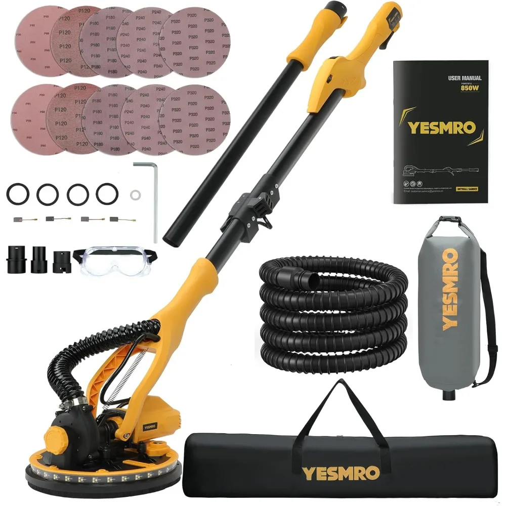 Lijadora de paneles de yeso con colector de polvo al vacío, lijadora eléctrica de paneles de yeso de 850w, herramienta de eliminación de techo de palomitas de maíz de 800-2100rpm con extensible