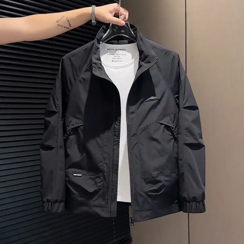 

Spring New Men's Loose Fit Casual Jaet Workwear Sle Long Sve Zipper Closure Outerwear Anti-Wind Polyester Fabric Coat