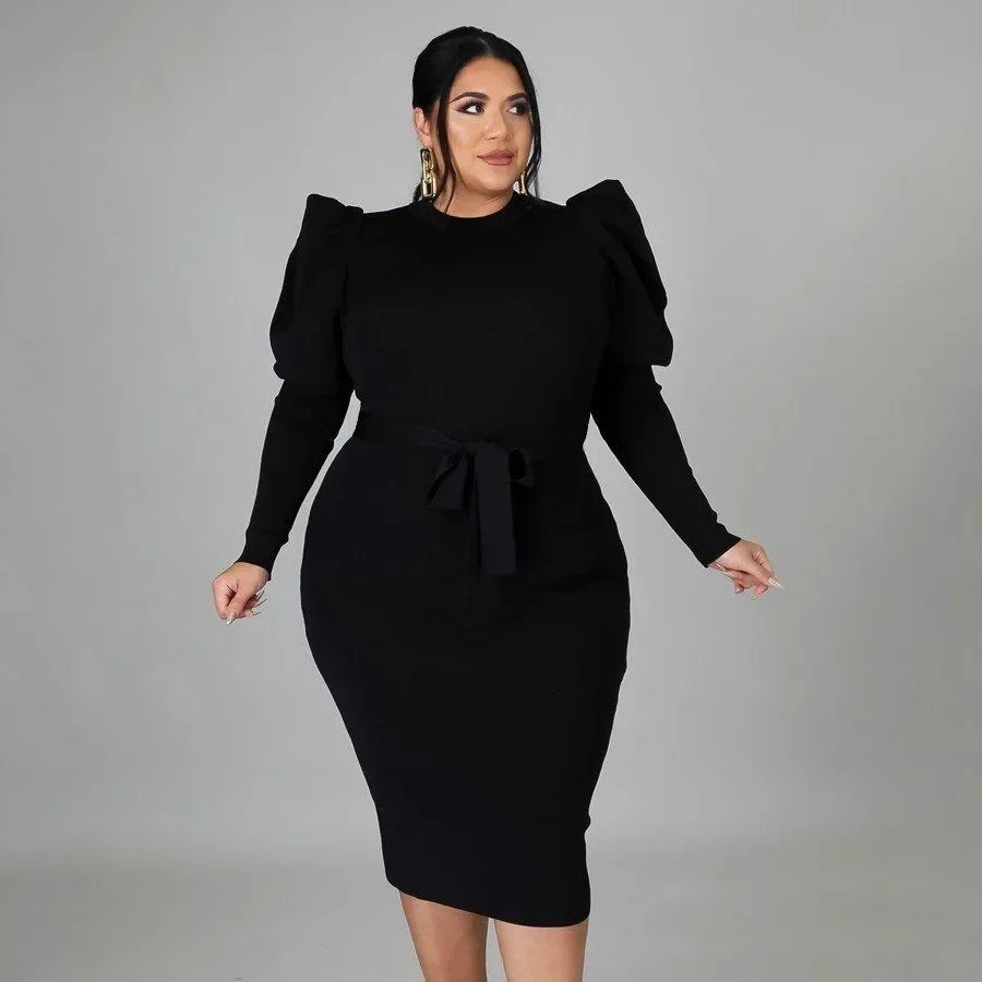 KEXU Spring Plus Size Women O Neck Lantern Long Sleeve Plunging V-neck Bodycon Midi Dress Elegant Sexy Party Night Dresses