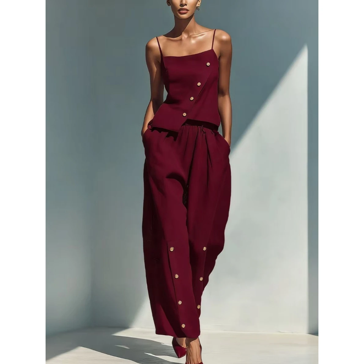 Summer 2026 Loose Fit Linen Set Gold Buckle Decoration Design Sensation Cross-Border Small Audience Long Pants Pure Color