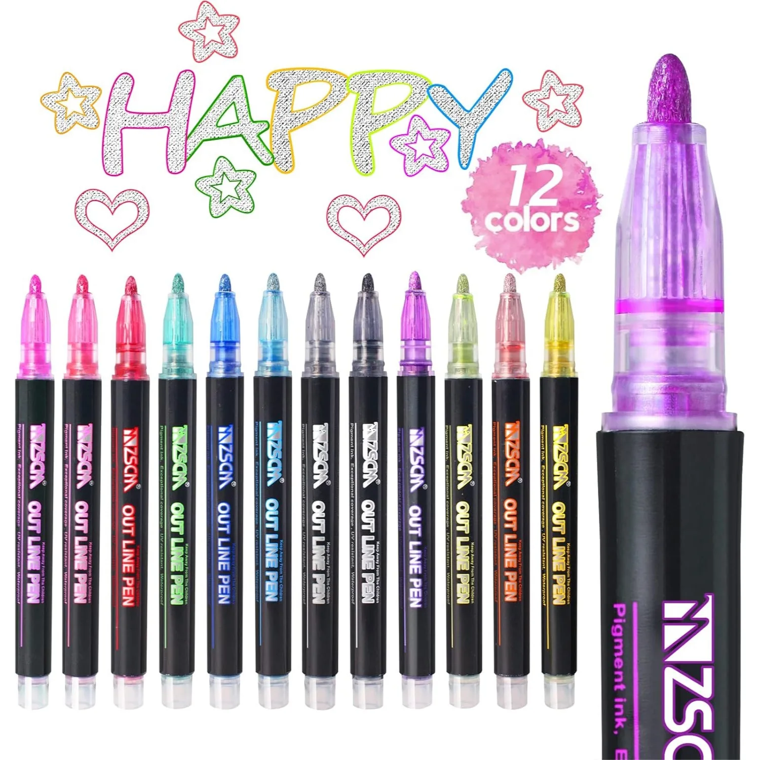 

Glitter Markers Set of 12 with Shimmer Outline Effect, Metallic Pens for Card Making, Art Projects, and Christmas Stocking