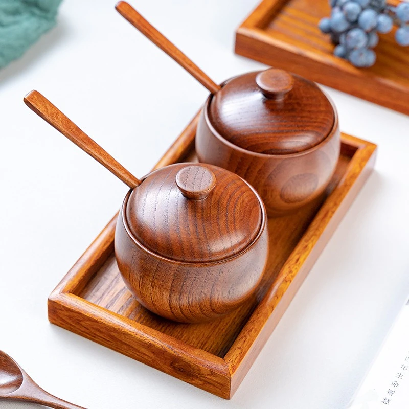 Wooden Seasoning Jar Creative Kitchen Retro Salt Sugar Pot Seasoning Storage Jar With Lid Spoon Wooden Tray Storage Containers