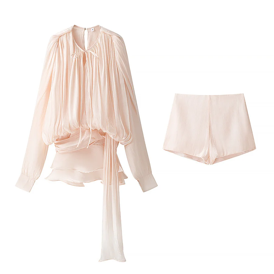 

JNLEAOG Autumn New Women's Loose Tulle Dr Set with Pleated Sa Design Long Sve round Ne Polyester Fiber Casual Wear