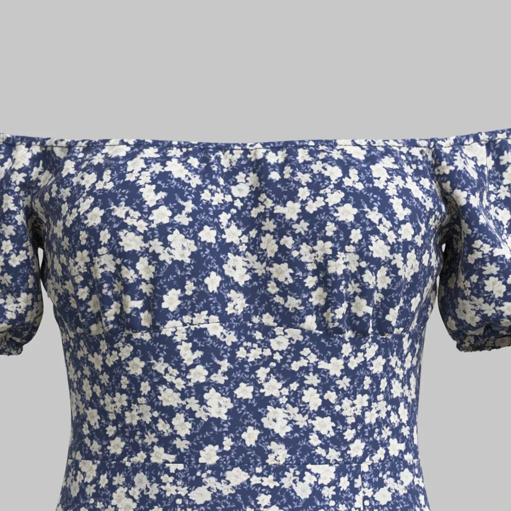 Vestidos primavera coreano encaixe fino ditsy floral fenda lateral puff manga fora do ombro midi namoro vestidos de mudança para mulher