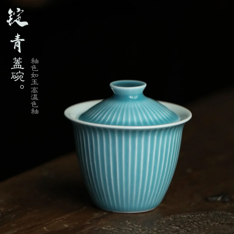 

Vertical pattern handmade Japanese ceramic cover bowl tea bowl Zen kung fu tea set Jingdezhen white porcelain cup cover bowl hou