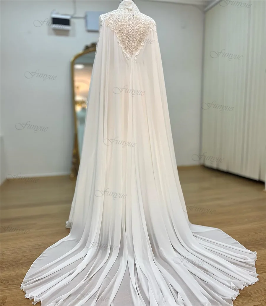 Funyue Robe De Mariée Elegant Dubai Luxury Muslim Bridal Gowns Lace Beads Chiffon High Neck A-Line Long Sleeve Wedding Dresses