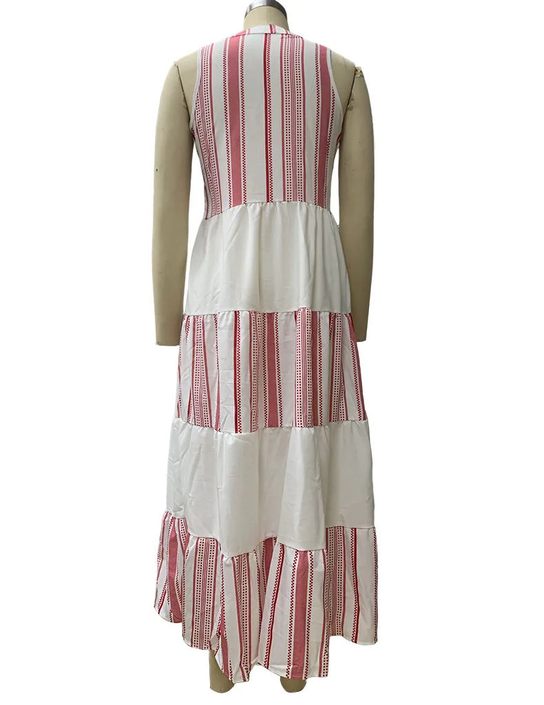 BAMBOOBOY Pink Striped Patchwork White Sleeveless Long Dresses for Women High Waist V-Neck Summer A-Line Casual Beach Sundress