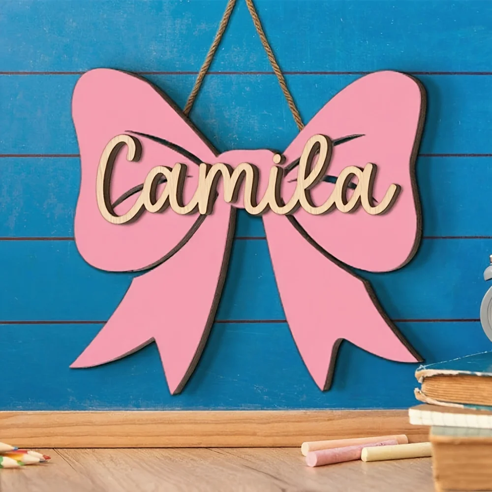 Custom Wooden Bow Decorative Plaque with Personalized Name Ornament for Breast Cancer Awareness Month