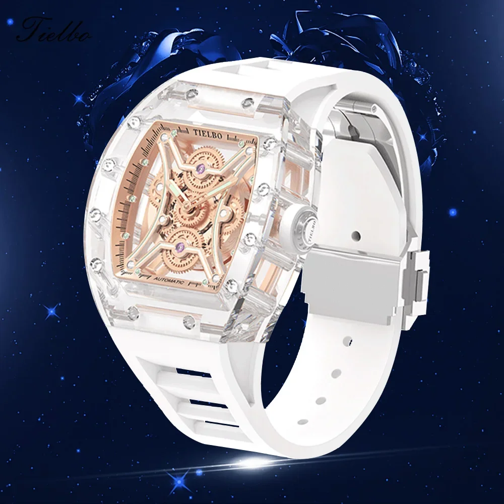 TIELBO TOP Crystal Watches for Men Automatic Mechanical Movement Luxury Brilliant Diamonds Men's Watch Transparent Skeleton Dial