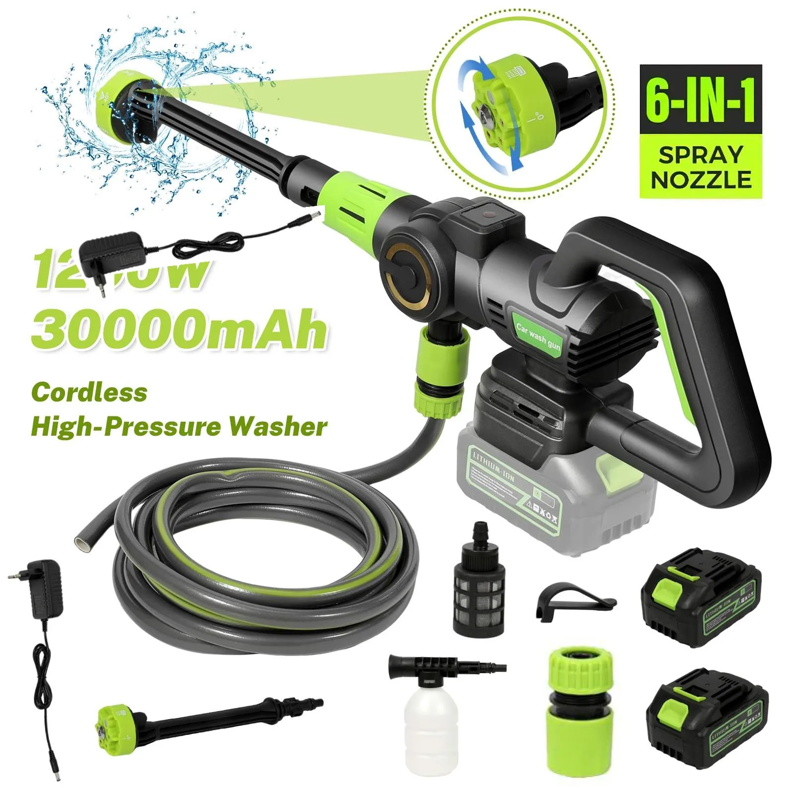 Nettoyeur haute pression sans fil 120 bars 1200W avec pistolet à eau, 6 buses multifonctions, mousse, lavage de voiture sans fil