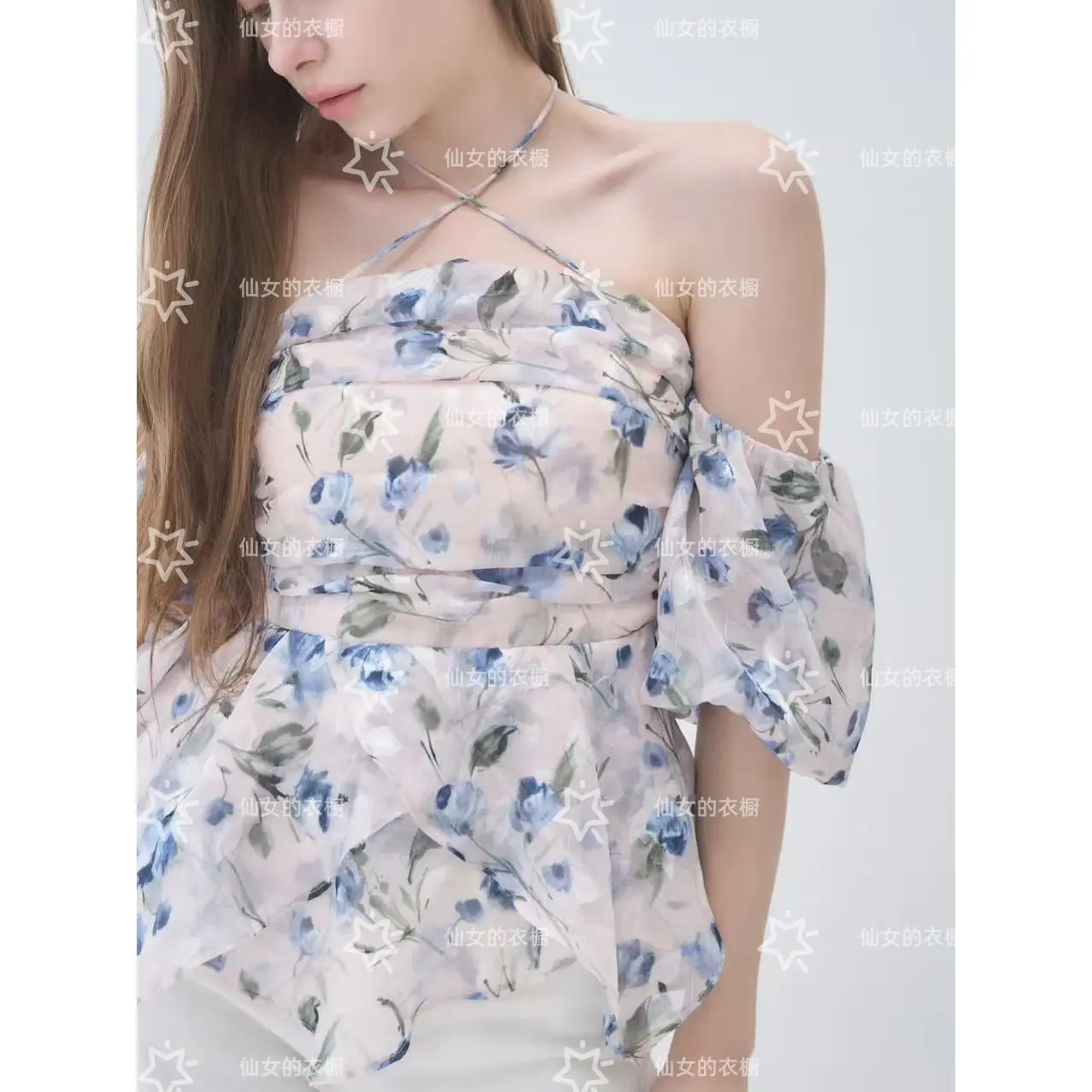 Summer Elegant Blouses Femme New French Style Girl Floral Off Shoulder Top Waist Cinched Irregular Chiffon Shirt for Women