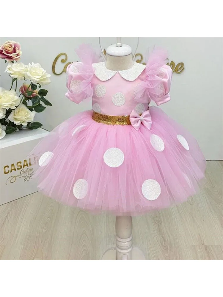 Princess Flower Girl Dress For Wedding Pink Knee Length With Big Gold Sequin Bow Wedding Party Dress Kids Puffy Ball Gown