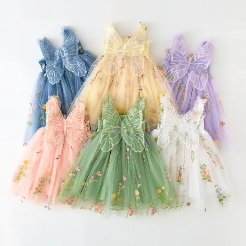 Princess Kids Tutu Dresses for Girls Clothing Baby Children's Mesh Suspender Puff Three-dimensional Wings Fairy Dress