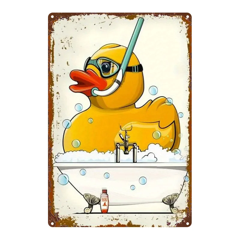 2D Flat, 1pc, Metal Sign, Cartoon Iron Plate Decor Featuring a Duck Bathing, Suitable for Bathroom, Man Cave, Bedroom, Garden