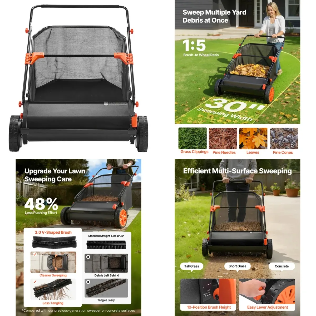 Push Lawn Sweeper, 30 in Leaf & Grass Collector with 12 cu. ft. Hopper Bag, Adjustable Brush Height & Spinning Brushes, Heavy Du