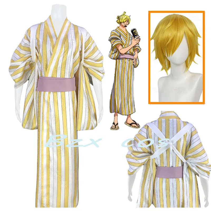 Sanji Kimono Cosplay Anime Wano Country Vinsmoke Cosplay Costume Men Yellow Stripe Kimono for Halloween Party