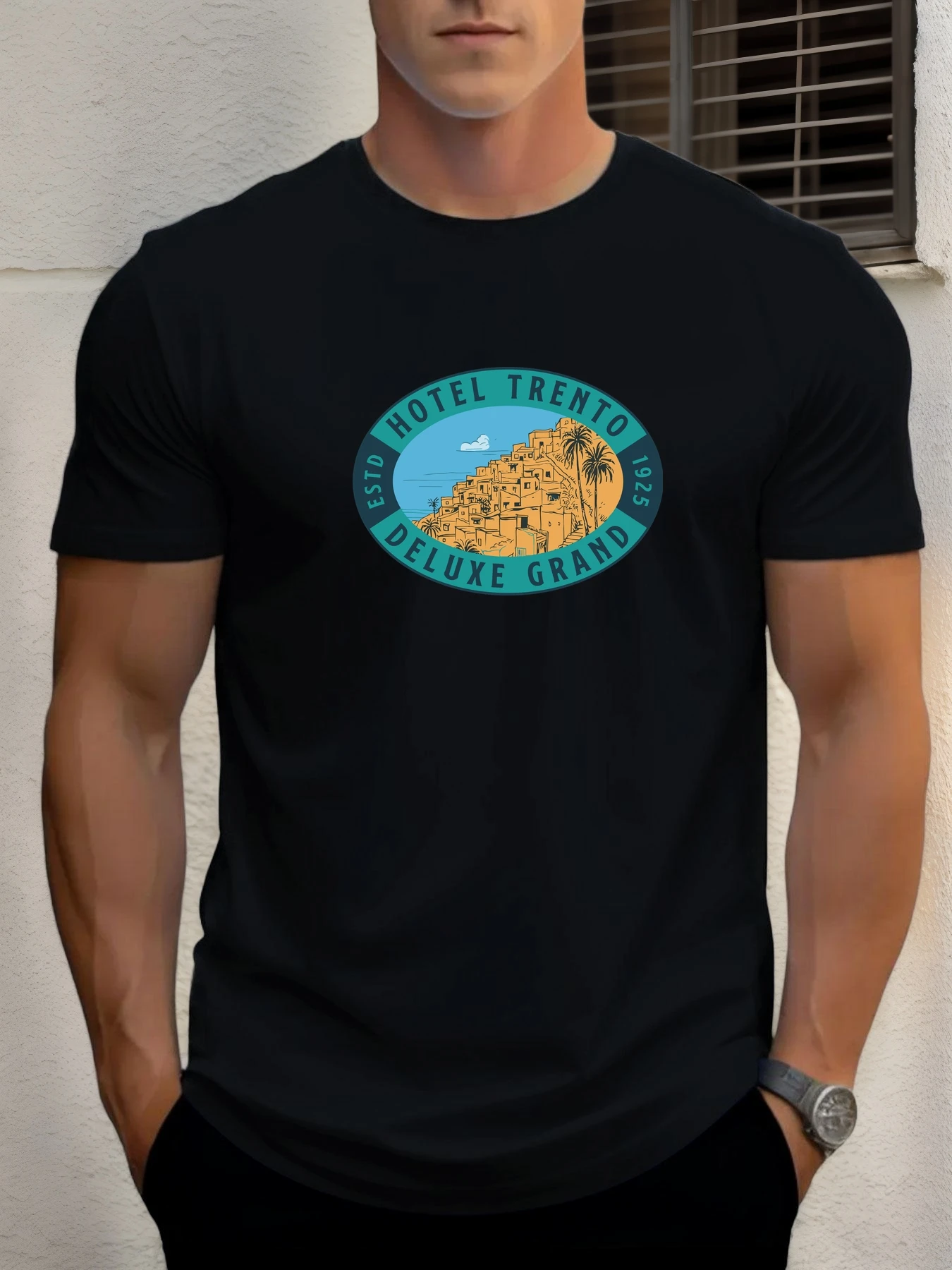 

Men's Cotton T-Shirt, Summer Crew Neck Short Sleeve, Trento Hotel Printed Breathable Street Clothing Fashion Cool T-Shirt