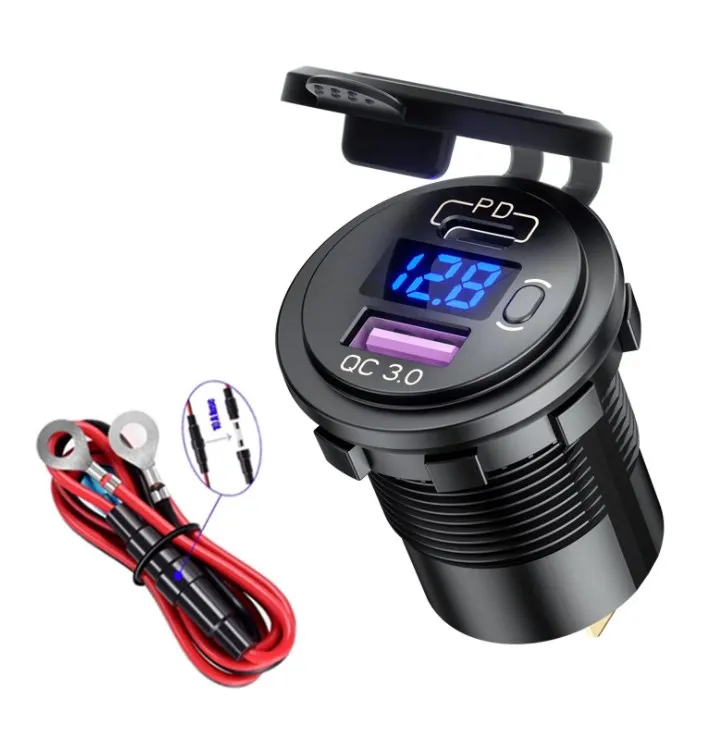 

48W Dual USB Car Charger Socket 12-24V with LED Voltmeter and ON/OFF Switch Fast Charging 12V PD3.0 Type-C & QC3.0 USB Outlet