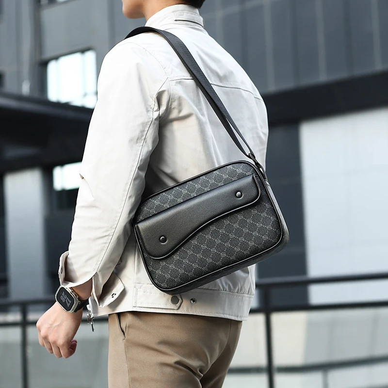 Casual Business Shoulder Bag for Men PU Leather Messenger Bag Wide Strap Crossbody Bags Square Plaid Designer Male Sling Bags